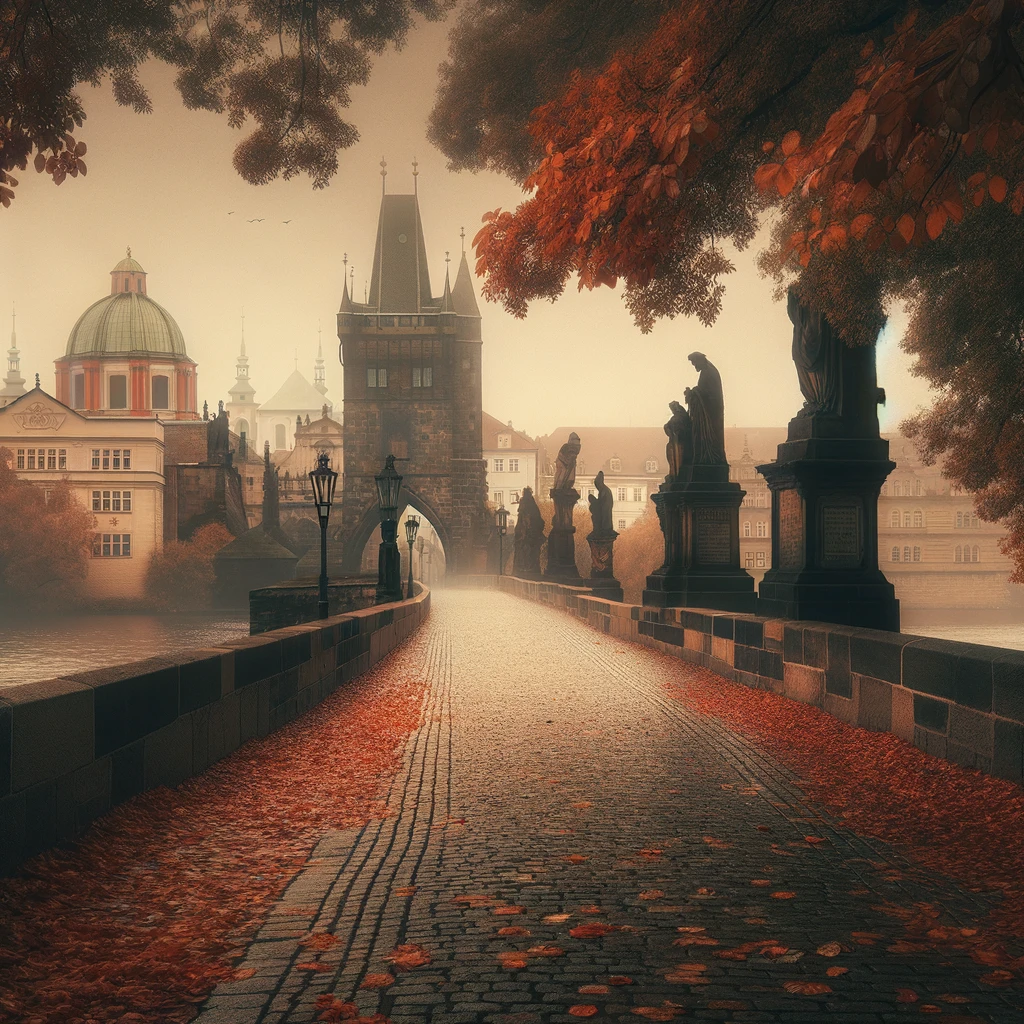 A tranquil autumn scene unfolds on the Charles Bridge (Karlův most)